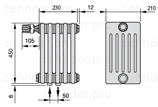 Схема (чертеж) Радиатор Zehnder Charleston 6045/5 №V007 Белый глянцевый RAL 9016